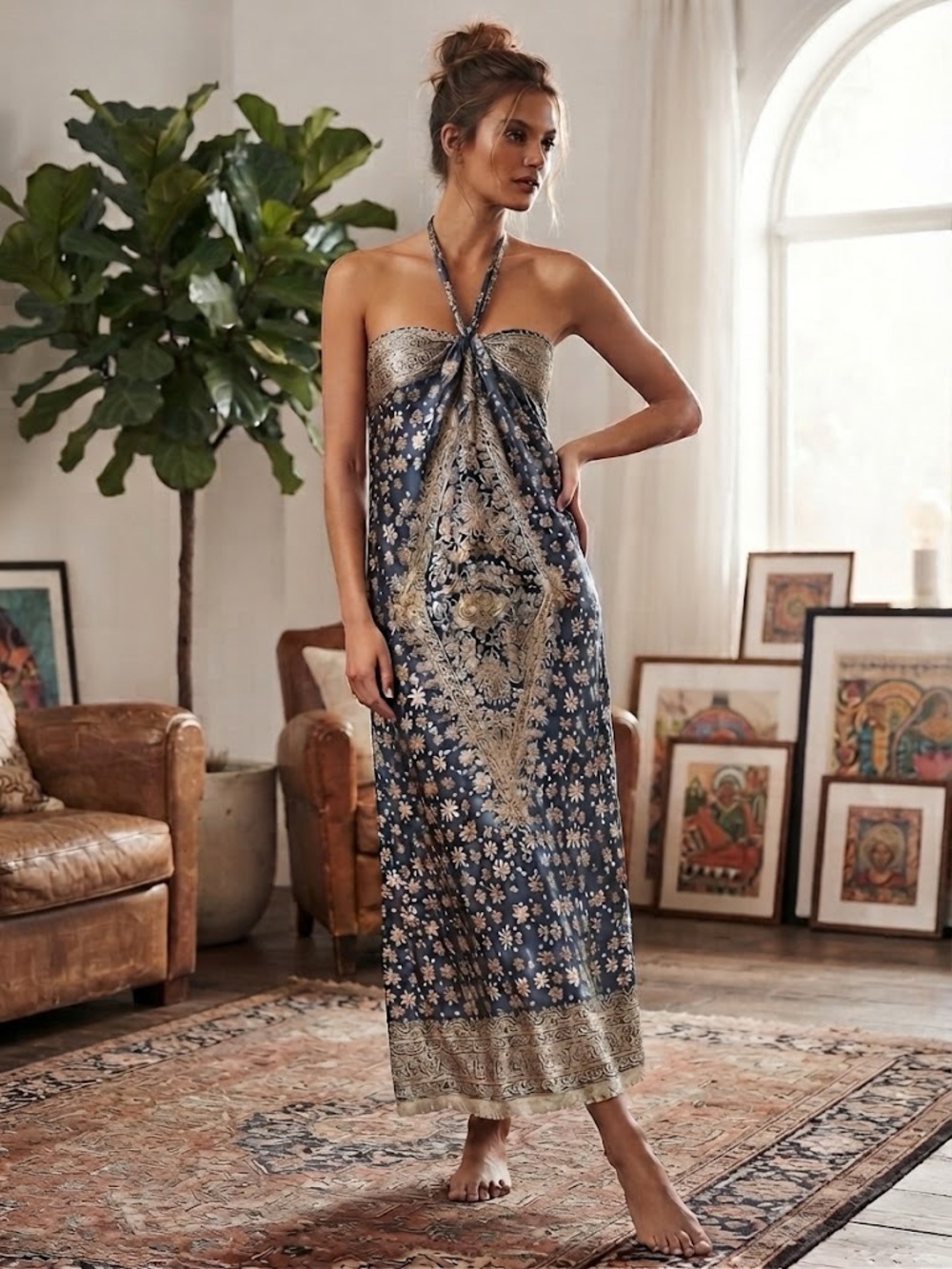 C Lux Co 100% Silk Boho Medallion Halter Maxi Dress S/M Blue Cream Gold Resort